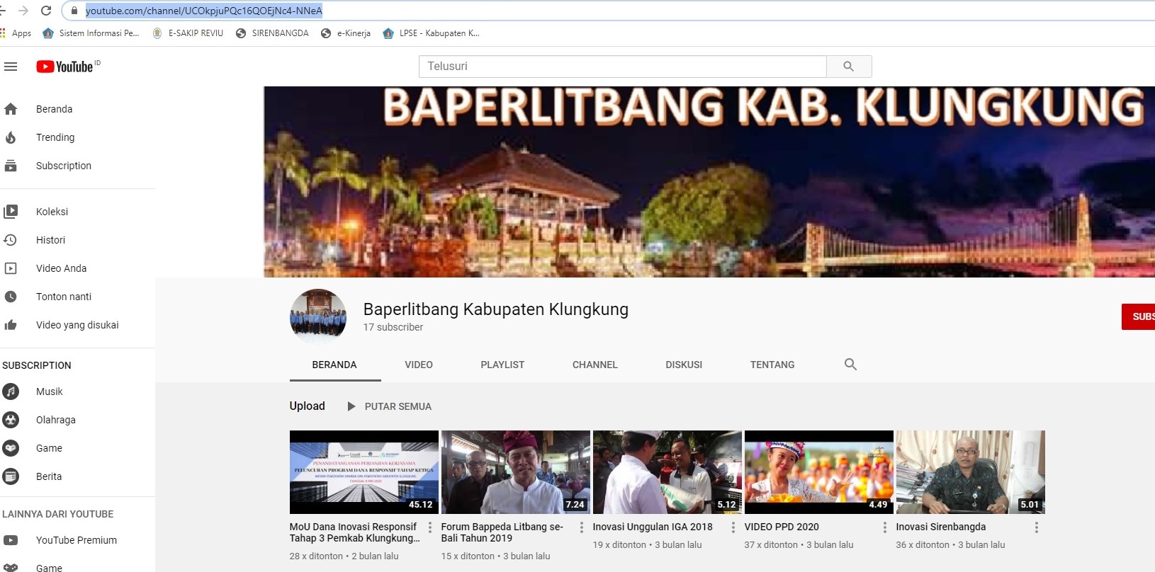 Kanal Youtube Baperlitbang Kabupaten Klungkung